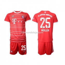 Camisola Bayern de Munique Muller 25 Criança Equipamento Primeiro 2022-2023 Manga Corta